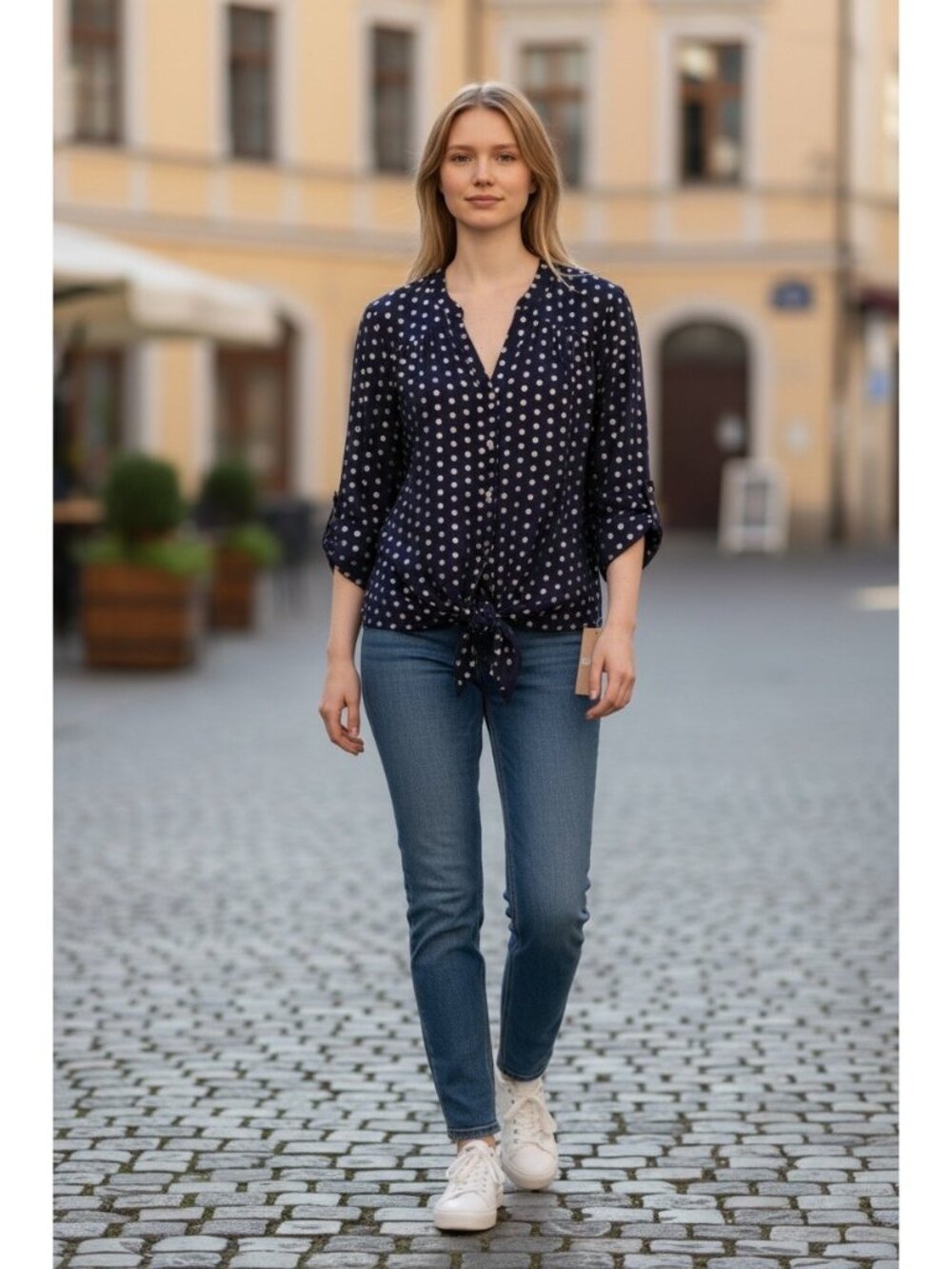 Hope & Harlow Women’s Navy Blue With Silver Foil Polka Dot Blouse